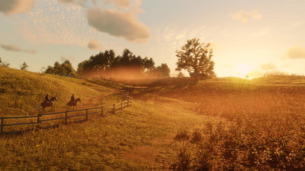 zachód słońca na Dzikim Zachodzie w grze PC Red Dead Redemption II w muve.pl