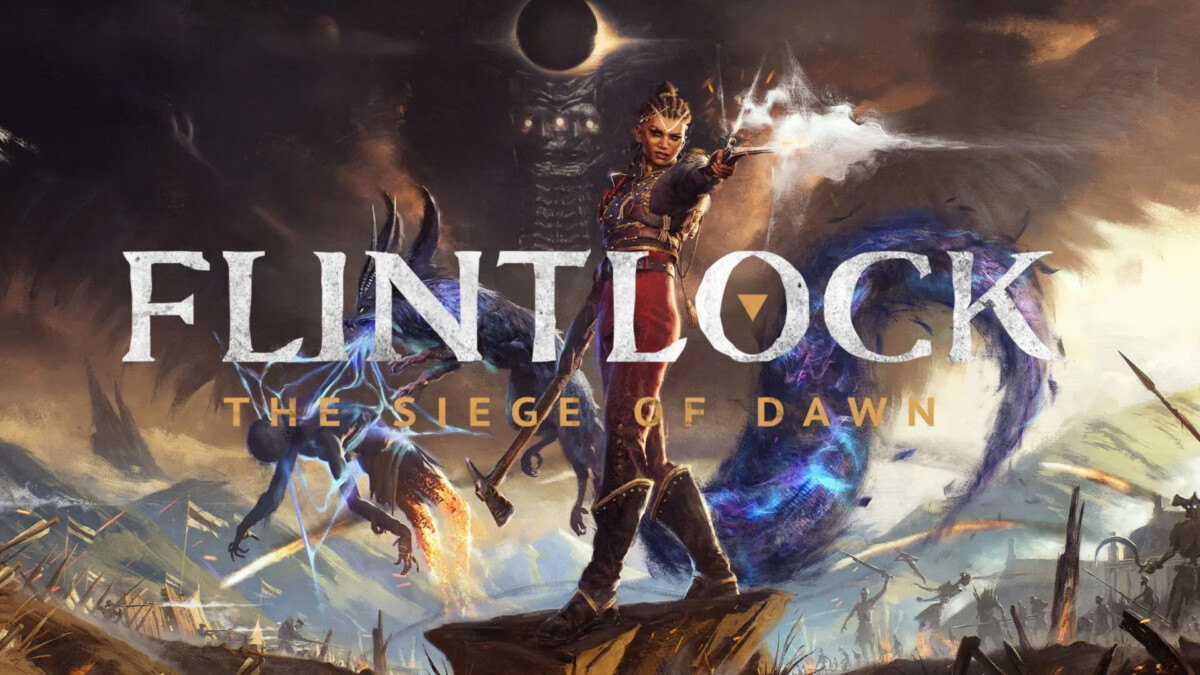 okładka z bohaterami gry Flintlock The Siege of Dawn z wojowniczką na kamieniu i potworami