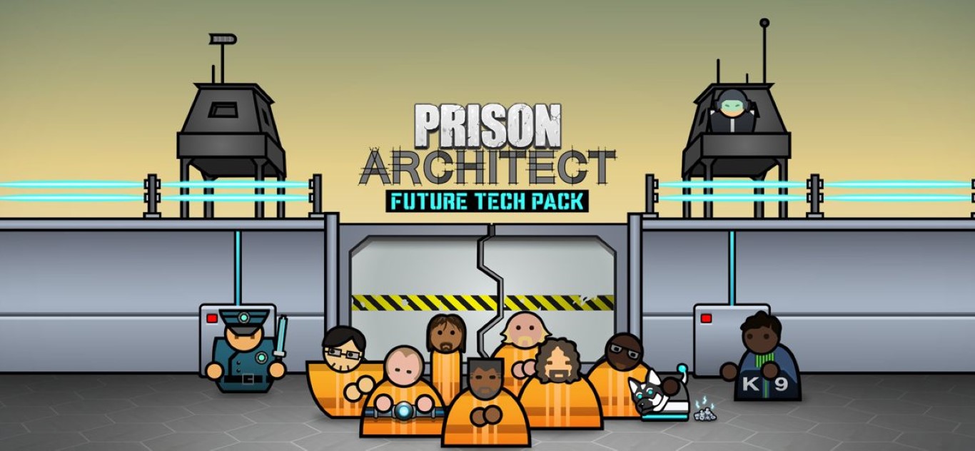 więźniowie na tle więzienia pilnowani przez strażników w grze Prison Architect Future Tech Pack