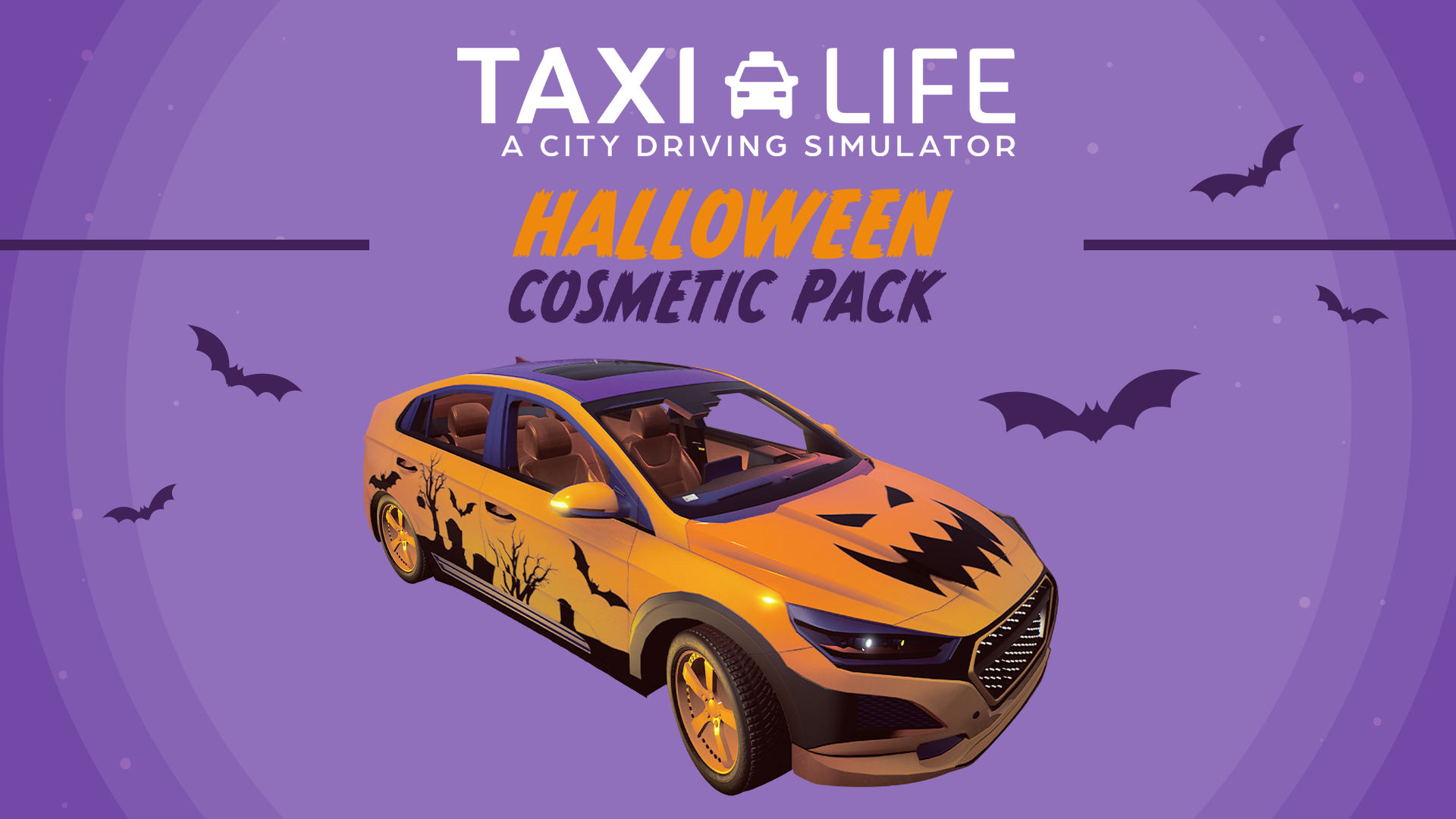 pomarańczowe auto z nietoperzami w grze Taxi Life Halloween Cosmetic Pack