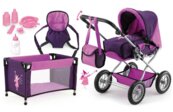 Mega Zestaw Bayer Wózek dla lalek Combi Grande fioletowy + łóżeczko + nosidełko + akcesoria