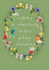 z głową w chmurach na łące pełnej kwiatów