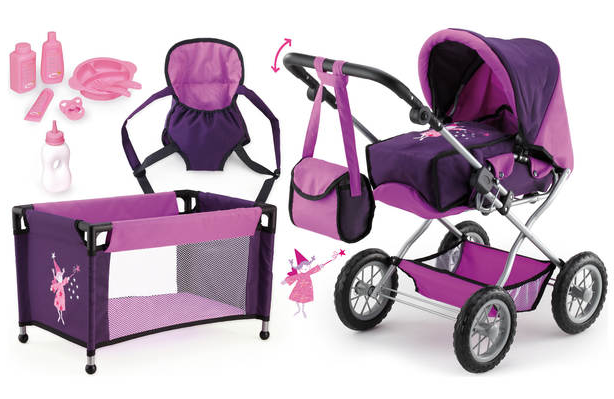 Mega Zestaw Bayer Wózek dla lalek Combi Grande fioletowy + łóżeczko + nosidełko + akcesoria